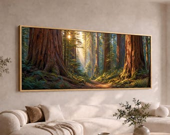 Ancient Redwood Forest Canvas Wall Art | Wide Large Long Panoramic Sunlit Woodland Painting | Nature Landscape Decor