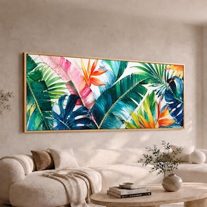 Vibrant Tropical Leaves Panoramic Canvas Wall Art | Wide Long Palm & Bird of Paradise Print | Large Colorful Botanical Decor