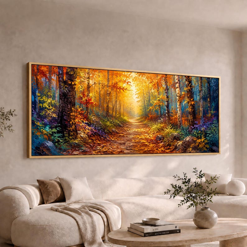 Wide panoramic autumn forest canvas featuring a sunlit woodland path surrounded by glowing orange and golden leaves, birch trees, colorful foliage, and blue-green shadows.