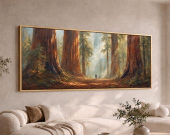 Solitary Hiker Among Giant Redwoods Panoramic Canvas Wall Art | Large Wide Long Forest Landscape Decor