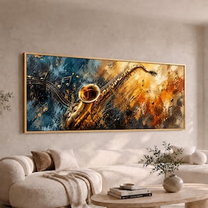 May include: A rectangular wall art piece featuring a golden saxophone centered against an abstract background of deep blue, black, and warm orange tones. Musical notes are scattered across the composition, framed in a thin gold border.