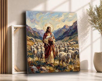 Jesus Good Shepherd Canvas Wall Art | Christ Holding Lamb with Sheep in Mountains | Christian Faith Decor