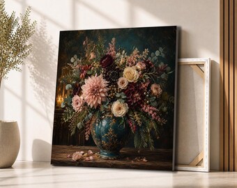 Moody Floral Arrangement Canvas Wall Art | Dark Teal Vase Still Life Painting | Elegant Vintage Flower Decor