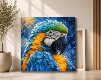 Blue Macaw Winter Canvas Wall Art | Colorful Parrot Portrait with Snowflakes | Tropical Bird Decor for Living Room