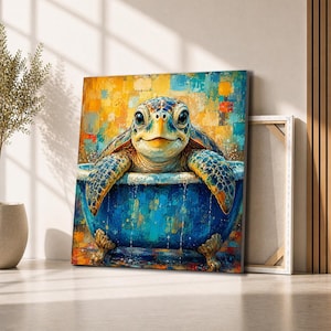 May include: A vibrant painting depicts a sea turtle in a blue bathtub with gold claw feet. The turtle has a smiling expression, with a colorful background of yellow, orange, and blue squares. The artwork is on a canvas.