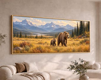 Grizzly Bear and Cub Panoramic Canvas Wall Art | Wide Mountain Wildlife Painting | Large Lodge Decor | Long Rustic Bear Art