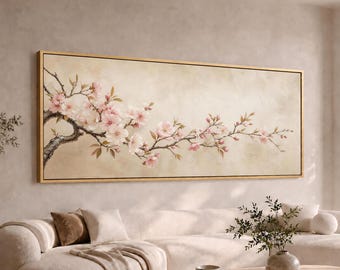May include: A horizontal rectangular wall art piece featuring a detailed painting of a cherry blossom branch with light pink flowers and green leaves against a textured beige background, enclosed in a thin gold frame.