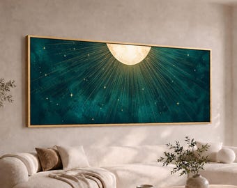 Celestial Moon Sunburst Panoramic Canvas Wall Art | Teal Gold Wide Large Long Starry Sky Print | Boho Spiritual Decor