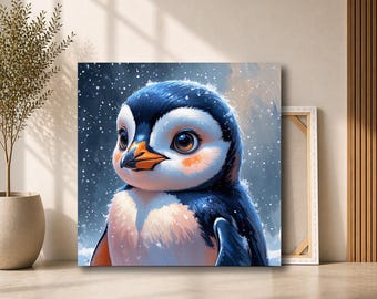 Cute Penguin in Snow Canvas Wall Art | Winter Baby Penguin Portrait Painting | Cozy Nursery Animal Decor