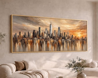 New York City Skyline at Sunset Panoramic Canvas Wall Art | Manhattan Reflections | Large Wide Modern City Decor