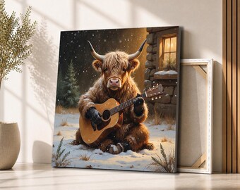 Highland Cow Playing Guitar Canvas Wall Art | Cozy Winter Cabin Animal Painting | Rustic Country Music Decor