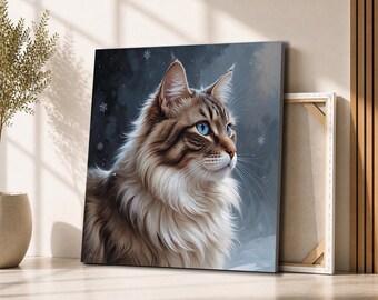 Blue Eyed Cat in Snow Canvas Wall Art | Elegant Winter Cat Portrait Painting | Cozy Pet Lover Decor