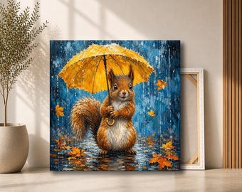 Squirrel with Umbrella Canvas Wall Art | Cute Rainy Day Animal Painting | Whimsical Woodland Decor for Kids Room
