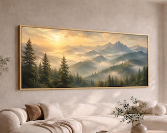 Sunrise Mountain Forest Panoramic Canvas Wall Art | Wide Large Long Misty Valley Landscape Print | Nature Decor