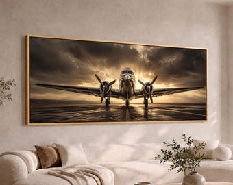 Vintage Twin Propeller Airplane on Runway Panoramic Canvas Wall Art | Large Wide Aviation Painting | Pilot Office Decor