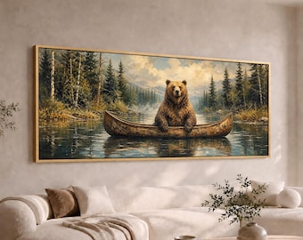 Brown Bear Sitting in Canoe Panoramic Canvas Wall Art | Large Wide Forest Lake Painting | Long Rustic Cabin Decor