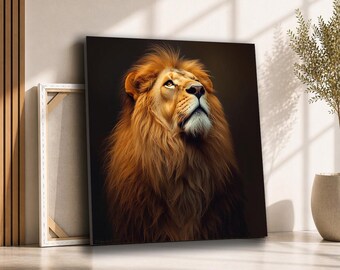 Regal Lion Looking Up Canvas Wall Art | Majestic Lion Portrait Painting | Wildlife Decor for Living Room