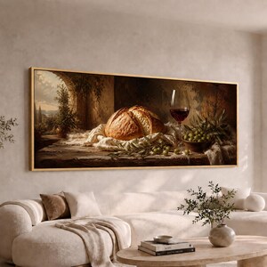 Rustic Bread Wine and Olives Panoramic Canvas Wall Art | Wide Large Long Mediterranean Kitchen Still Life Painting