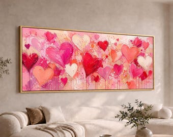 Colorful Pink Hearts Panoramic Canvas Wall Art | Wide Large Long Abstract Love Painting | Romantic Valentines Day Decor