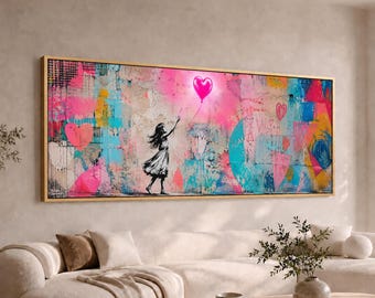 Girl Reaching for Heart Balloon Graffiti Canvas Wall Art | Pink Blue Street Art | Wide Large Long Panoramic Modern Decor