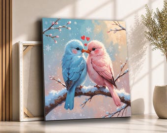 Blue and Pink Love Birds Canvas Wall Art | Snowy Branch Bird Painting | Sweet Valentines Nursery Decor