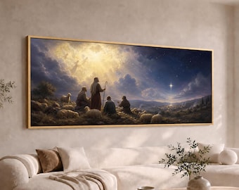 Shepherds Witness Angels Over Bethlehem Panoramic Canvas Wall Art | Wide Large Long Christian Christmas Decor