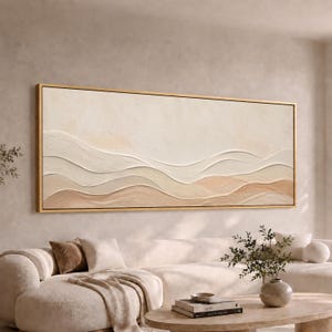 Neutral Textured Waves Panoramic Canvas Wall Art | Wide Large Long Beige Abstract Landscape Print | Minimalist Decor