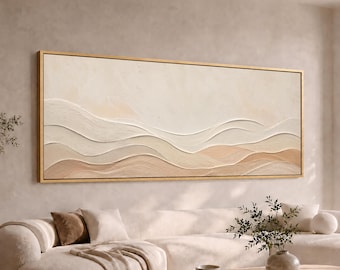 Neutral Textured Waves Panoramic Canvas Wall Art | Wide Large Long Beige Abstract Landscape Print | Minimalist Decor