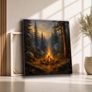 May include: A square canvas print depicting a vibrant campfire burning in the center of a dense pine forest at dusk. The scene features tall evergreen trees, rocky terrain, and a warm orange glow illuminating the surrounding woodland floor.