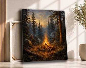 Forest Campfire Canvas Wall Art | Glowing Pine Woods Painting | Rustic Cabin Decor for Living Room