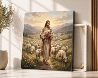 Jesus Good Shepherd Canvas Wall Art | Christ Holding Lamb in Peaceful Valley | Christian Faith Decor