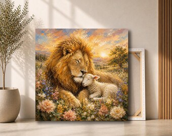 Lion and Lamb Canvas Wall Art | Peaceful Meadow Sunset Painting | Christian Symbolic Decor for Prayer Room