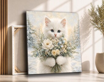 White Kitten with Flowers Canvas Wall Art | Snowy Blue Eyed Cat Portrait | Soft Farmhouse Nursery Decor for Kids Room