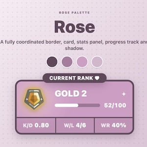 Peut inclure: Un graphique num&eacute;rique de palette Rose avec un fond violet clair et quatre &eacute;chantillons de couleur circulaires. Le texte indique Rose Palette, Rose, A fully coordinated border, card, stats panel, progress track and shadow, Current Rank, Gold 2, 52/100, K/D 0.80, W/L 4/6, et WR 40%.