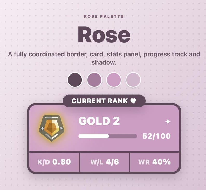Peut inclure: Un graphique num&eacute;rique de palette Rose avec un fond violet clair et quatre &eacute;chantillons de couleur circulaires. Le texte indique Rose Palette, Rose, A fully coordinated border, card, stats panel, progress track and shadow, Current Rank, Gold 2, 52/100, K/D 0.80, W/L 4/6, et WR 40%.