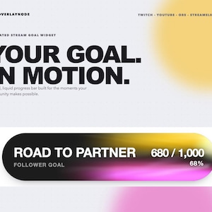 Może przedstawiać: Animowany interfejs widżetu celu transmisji z tekstem OVERLAYNODE, TWITCH, YOUTUBE, OBS, STREAMELEMENTS, ANIMATED STREAM GOAL WIDGET, YOUR GOAL. IN MOTION., ROAD TO PARTNER, FOLLOWER GOAL, 680 / 1000 i 68% na jasnoszarym tle.