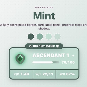Peut inclure: Un affichage graphique num&eacute;rique intitul&eacute; Mint Palette avec une palette de couleurs vert menthe. Il comprend un panneau de statistiques affichant Current Rank Ascendant 1, une barre de progression &agrave; 76/100, et des mesures K/D 1.48, W/L 22/11, WR 67%.