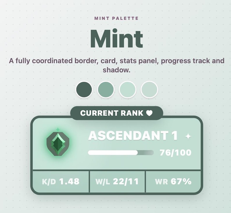 Peut inclure: Un affichage graphique num&eacute;rique intitul&eacute; Mint Palette avec une palette de couleurs vert menthe. Il comprend un panneau de statistiques affichant Current Rank Ascendant 1, une barre de progression &agrave; 76/100, et des mesures K/D 1.48, W/L 22/11, WR 67%.