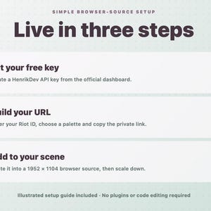 Peut inclure: Un graphique d'instruction vert clair intitul&eacute; Simple Browser-Source Setup: Live in three steps. Il &eacute;num&egrave;re trois &eacute;tapes : 01 Get your free key, 02 Build your URL, et 03 Add to your scene, avec des instructions pour chaque &eacute;tape et une note.