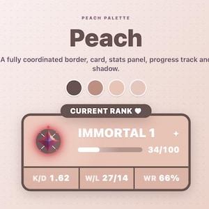 Peut inclure: Un mod&egrave;le de design graphique num&eacute;rique intitul&eacute; Peach Palette pr&eacute;sentant un panneau de statistiques rectangulaire arrondi. Le panneau affiche le texte IMMORTAL 1, une barre de progression &agrave; 34/100 et des statistiques K/D 1.62, W/L 27/14, WR 66%.