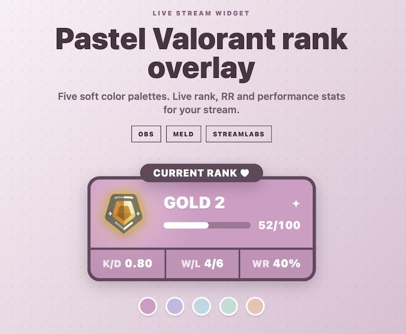 Peut inclure: Un widget de diffusion en direct avec le texte Pastel Valorant rank overlay, Five soft color palettes. Live rank, RR and performance stats for your stream. OBS, MELD, STREAMLABS. Une bo&icirc;te violette affiche CURRENT RANK, GOLD 2, 52/100, K/D 0.80, W/L 4/6, WR 40%.
