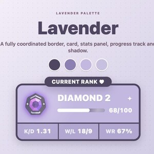 Peut inclure: Un graphique num&eacute;rique intitul&eacute; Lavender Palette pr&eacute;sentant un panneau de statistiques avec le texte Diamond 2, une barre de progression &agrave; 68/100 et des mesures incluant K/D 1.31, W/L 18/9 et WR 67%. Le design utilise une palette lavande avec quatre pastilles.