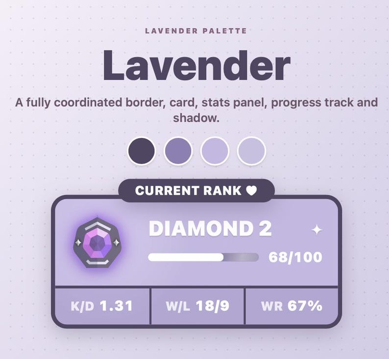 Peut inclure: Un graphique num&eacute;rique intitul&eacute; Lavender Palette pr&eacute;sentant un panneau de statistiques avec le texte Diamond 2, une barre de progression &agrave; 68/100 et des mesures incluant K/D 1.31, W/L 18/9 et WR 67%. Le design utilise une palette lavande avec quatre pastilles.