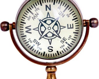 Antique Style Brass Desk Clock with Compass | Rotating Table Top Sphere Clock | Steampunk Nautical Office Decor Unique Travel Gift 4 inch