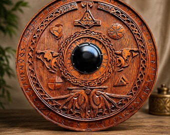 Bouclier viking en bois de 61 cm (24 pouces), décoration murale nordique sculptée à la main, symbolisme du guerrier médiéval