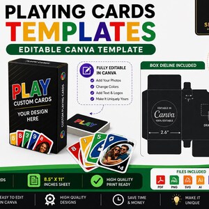 May include: A digital product set featuring 162 playing card templates for Canva. Includes a black custom card box, a deck of colorful playing cards, and a box dieline with visible dimensions of 2.6 inches by 3.6 inches. Text includes PLAYING CARDS TEMPLATES.
