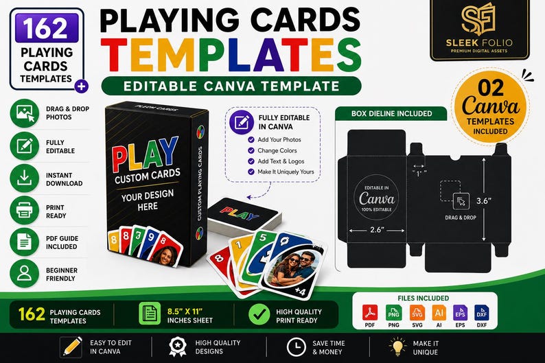 May include: A digital product set featuring 162 playing card templates for Canva. Includes a black custom card box, a deck of colorful playing cards, and a box dieline with visible dimensions of 2.6 inches by 3.6 inches. Text includes PLAYING CARDS TEMPLATES.