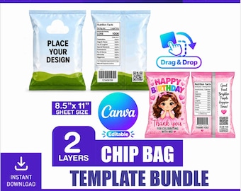 May include: A digital chip bag template bundle featuring blank and pre-designed layouts with nutrition facts, barcodes, and QR codes. The set includes an 8.5 inch by 11 inch sheet size, compatible with Cricut and Silhouette, in PDF, SVG, DXF, EPS, and PNG formats.