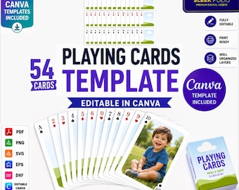 May include: A digital playing cards template set featuring 54 cards, fully editable in Canva. The design includes a deck box, card layouts, and a sample card displaying a child sitting on grass. Text includes 54 CARDS, PLAYING CARDS TEMPLATE, and 8.5x11 INCH.