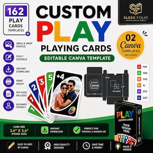 Puede incluir: Un conjunto de 162 plantillas de cartas de juego personalizables para Canva, con un abanico de cartas coloridas con números y una foto, una plantilla de caja negra de 6,6 cm por 9,1 cm y una caja terminada con el texto PLAY CUSTOM CARDS.